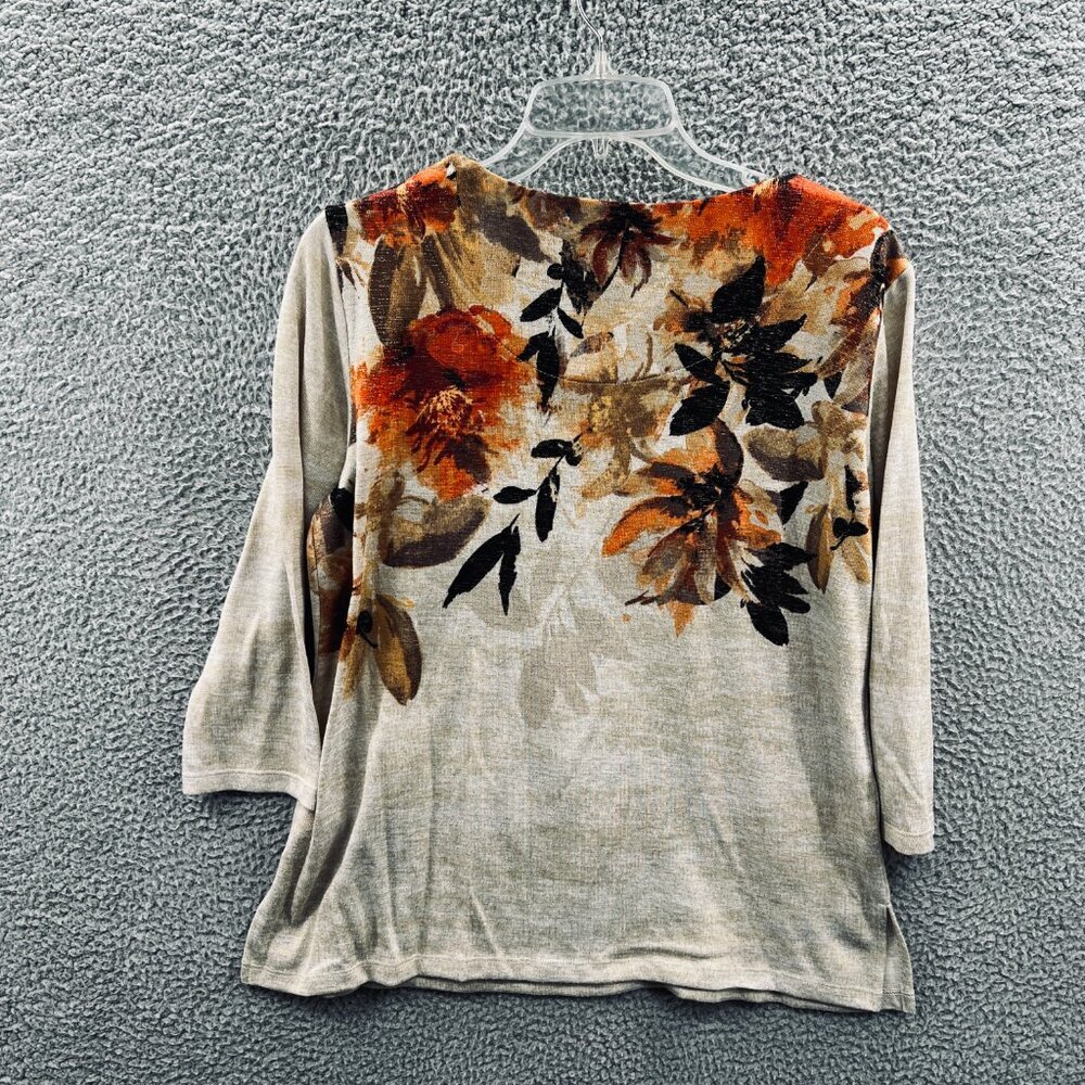 Alfred Dunner Women Top Small Tan Brown Floral 3/4 Sleeve Pullover Shirt Stretch - Picture 2 of 9